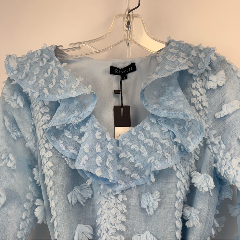 Reveuse Dress Light Blue Swiss Dot Ruffle Mini Dress Women's Sz. S NWT - Picture 8 of 16